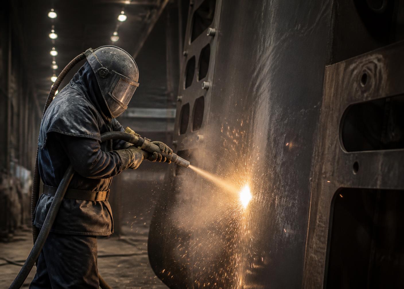 Specialist van De Snelste straalt een grote stalen constructie