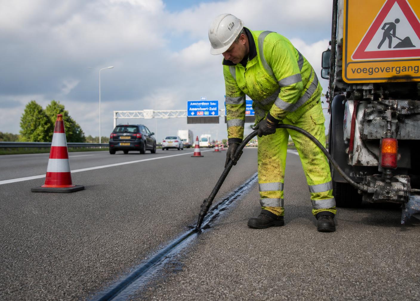 Uitvoerder brengt bitumen aan bij een voegovergang op de snelweg