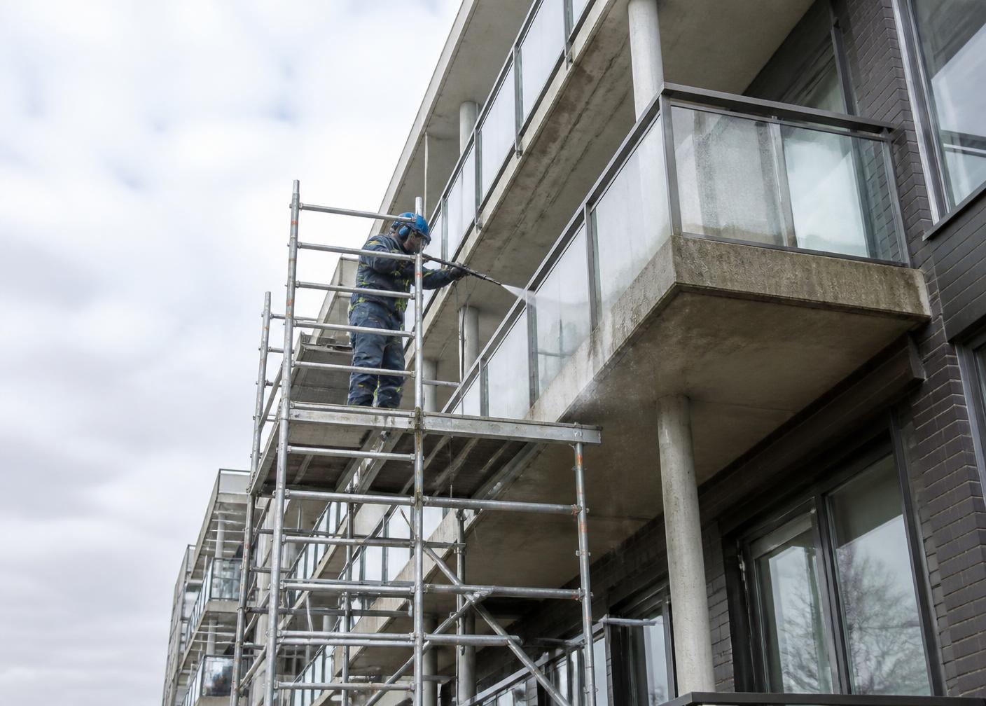 Vakspecialist reinigt betonnen galerijen van een appartementencomplex