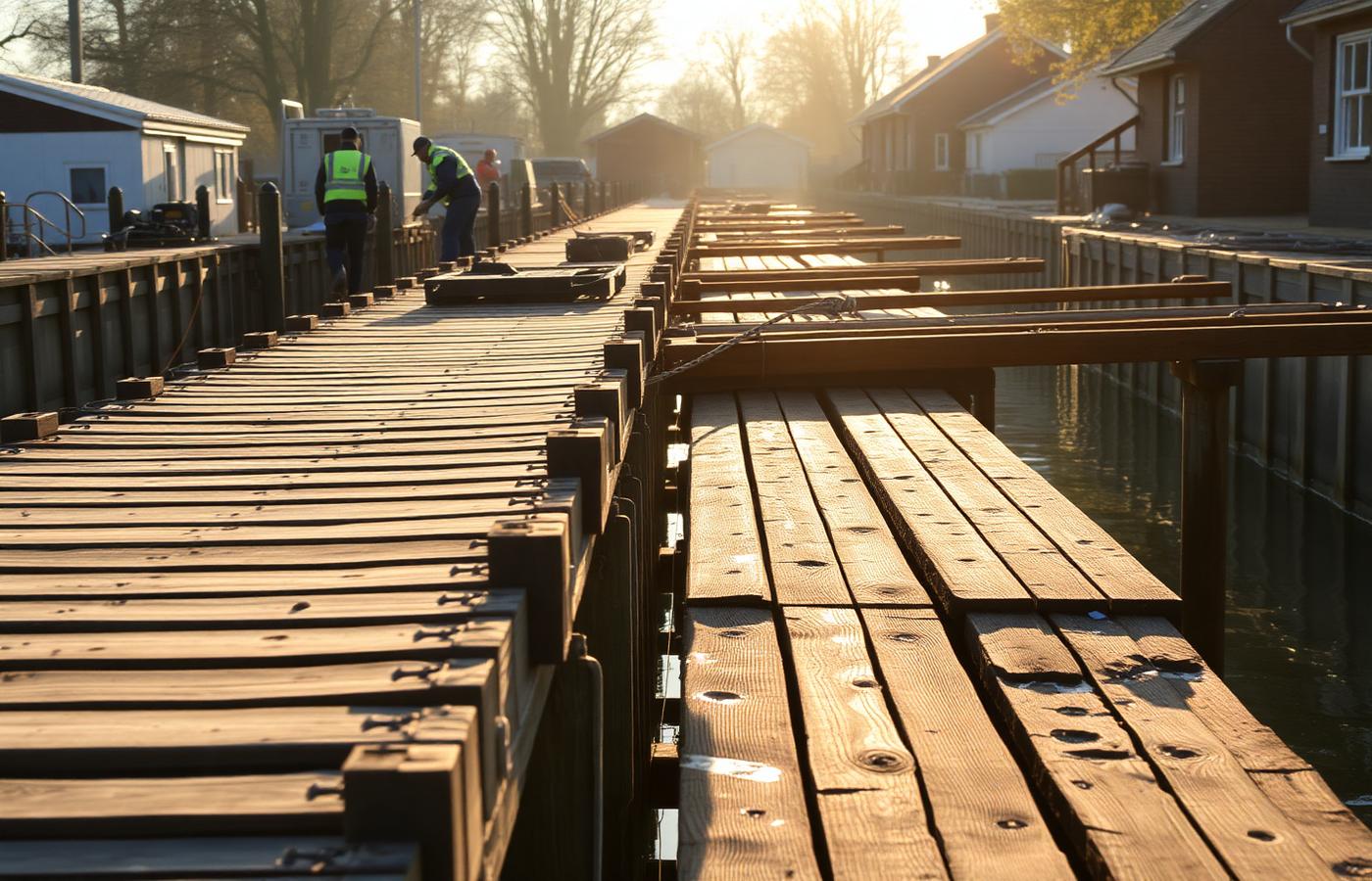 Gerenoveerde houten kade en steiger langs een Nederlands water