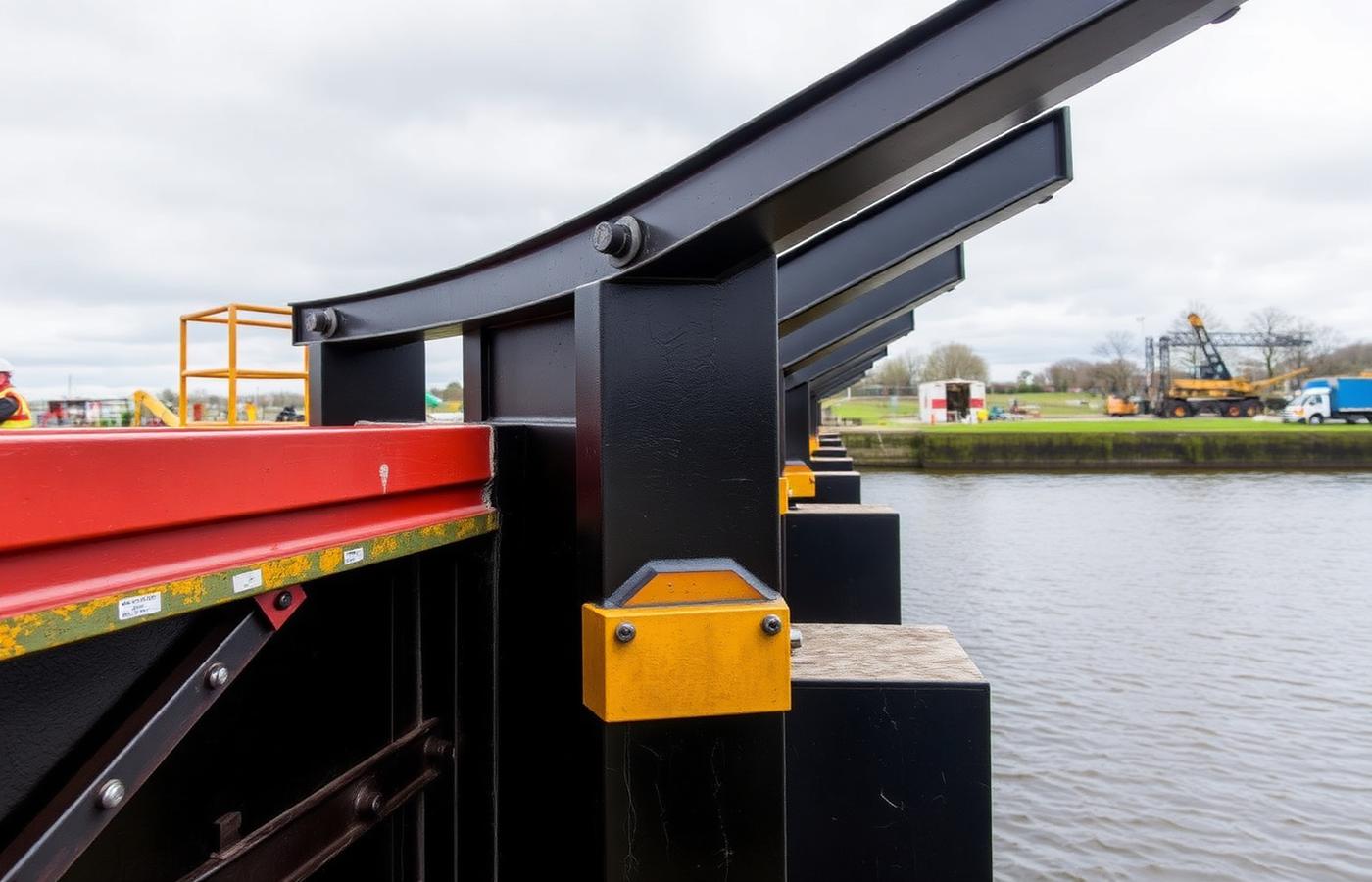 Zwart geconserveerde stalen sluisdeuren langs een vaarweg