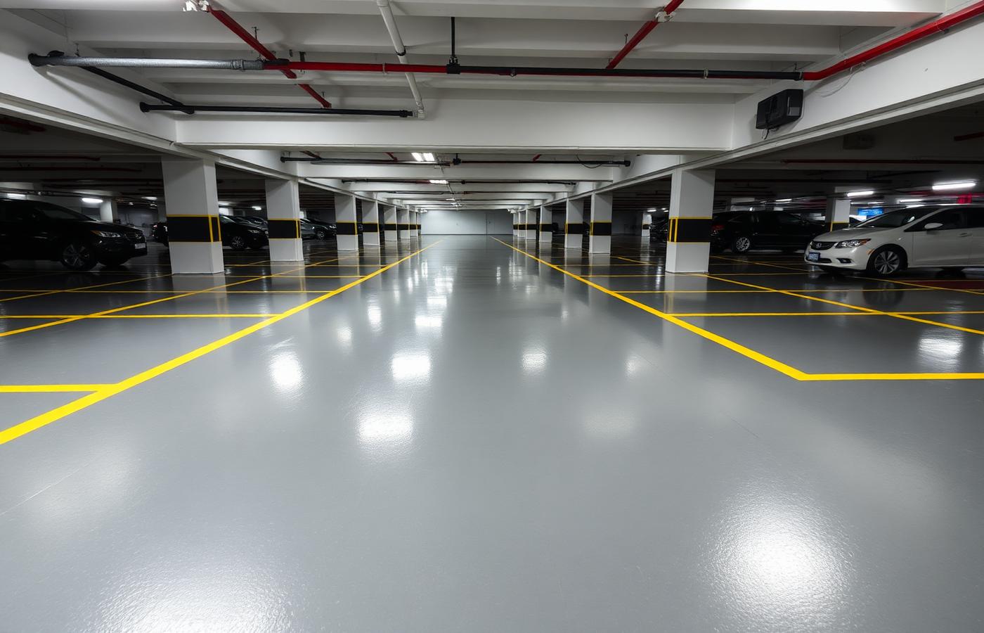 Parkeergarage met nieuw aangebrachte grijze vloercoating en gele belijning